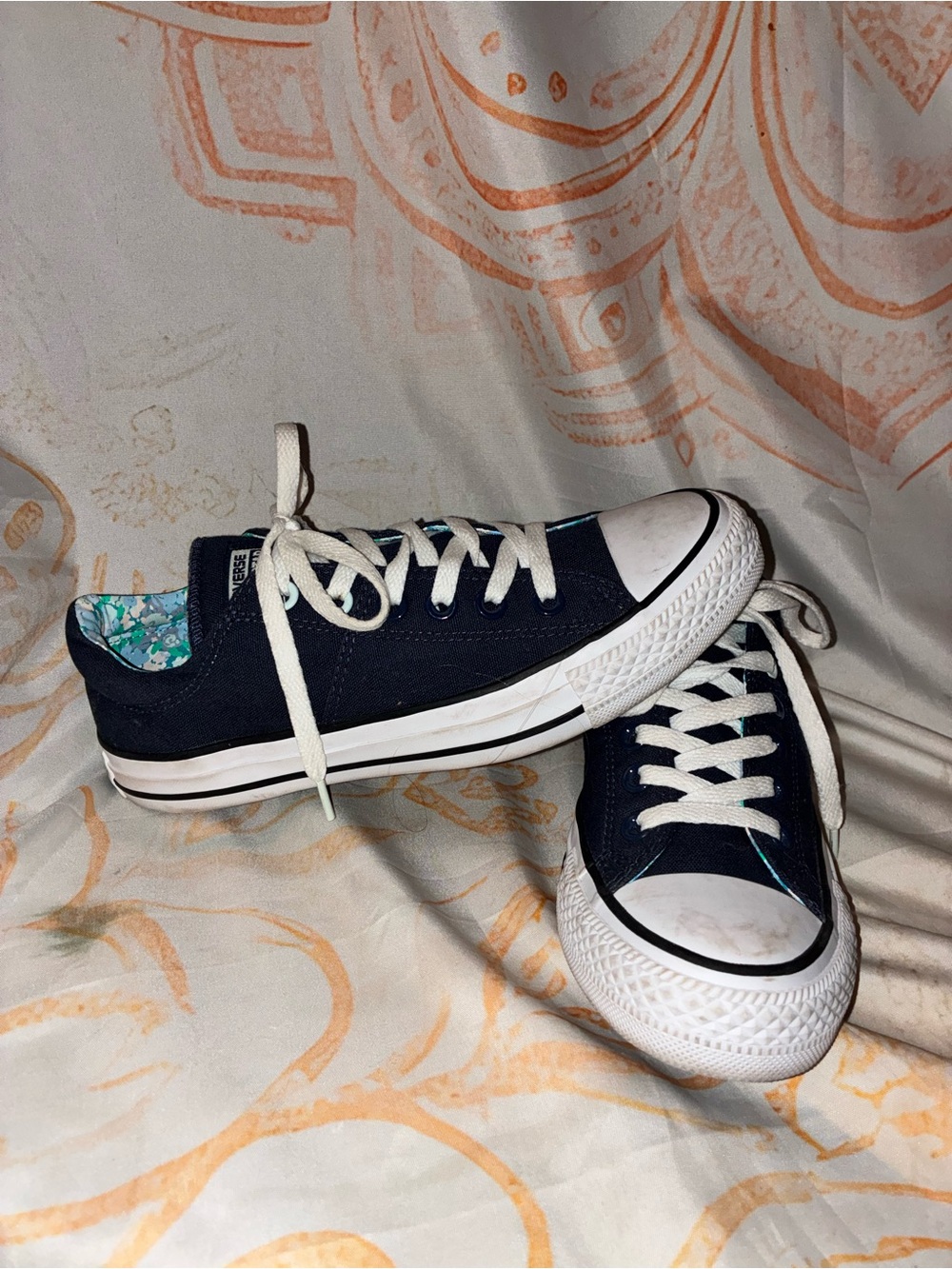 Converse Low-Top Canvas Sneakers in Navy and White with Floral Lining